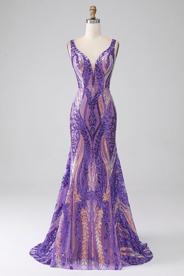 Dark Purple Mermaid V Neck Sequins Long Prom Dress